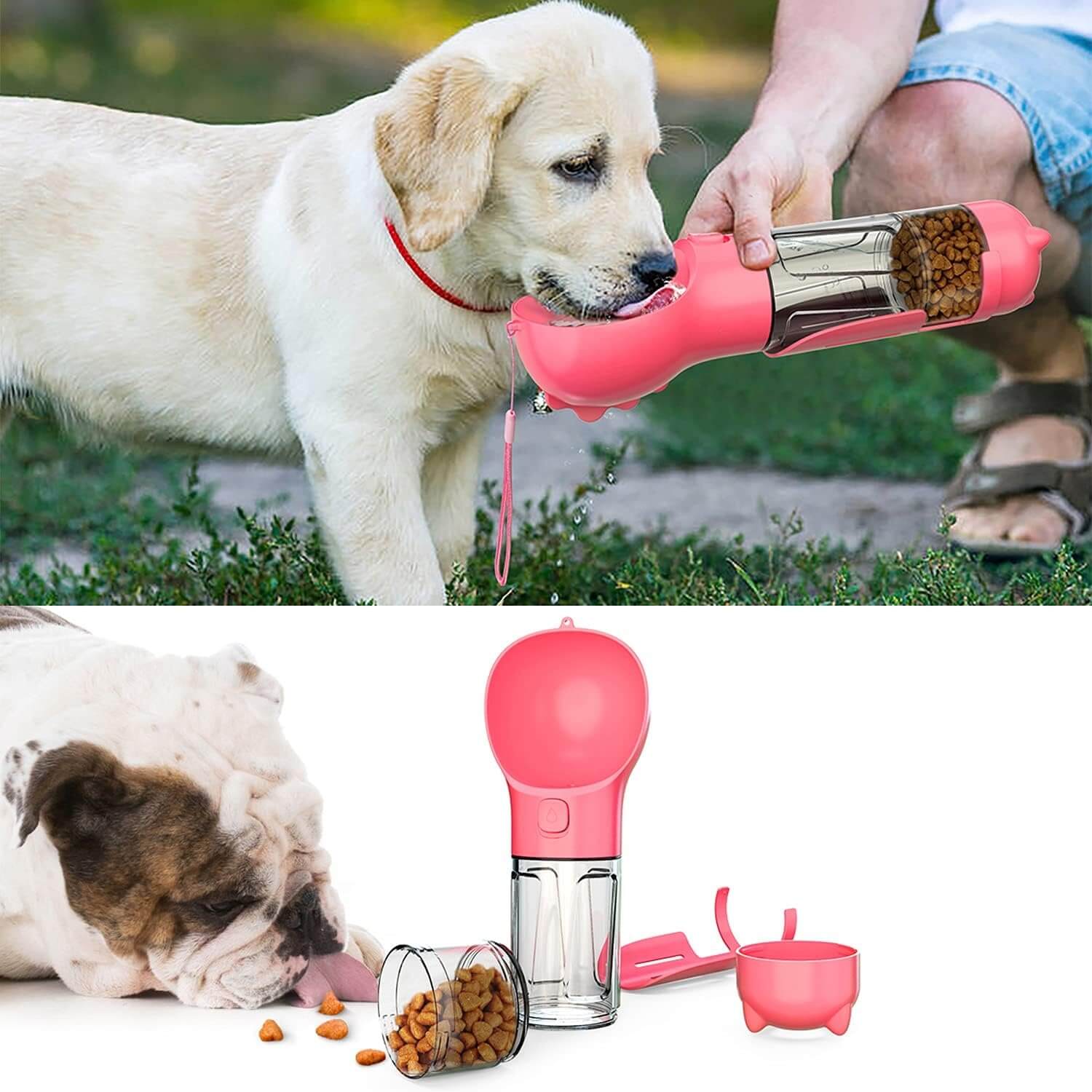 5 in 1 waterfles roze hond drinkt uit fles